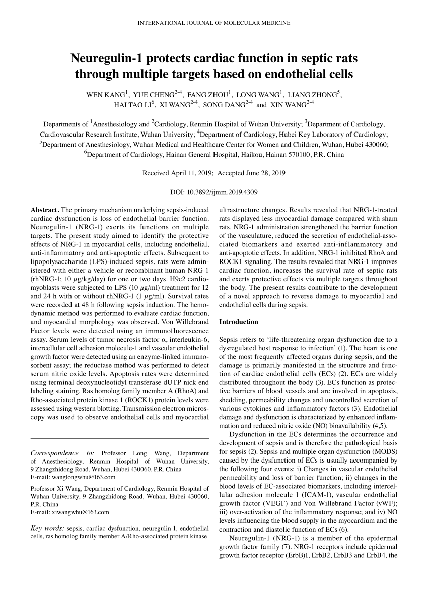 Pdf Neuregulin1 Protects Cardiac Function In Septic Rats - 