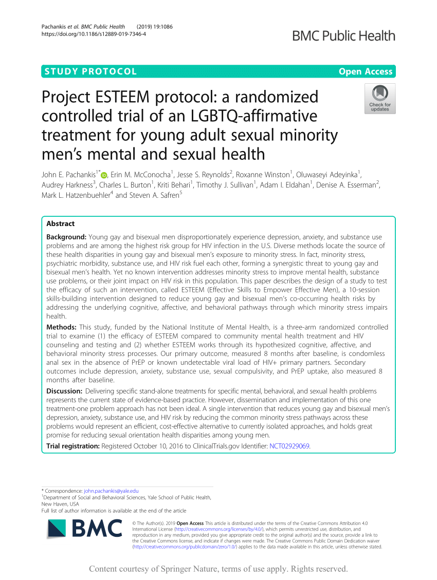 (PDF) Project ESTEEM protocol a randomized controlled trial of an LGBTQ-affirmative treatment for young adult sexual minority mens mental and sexual health