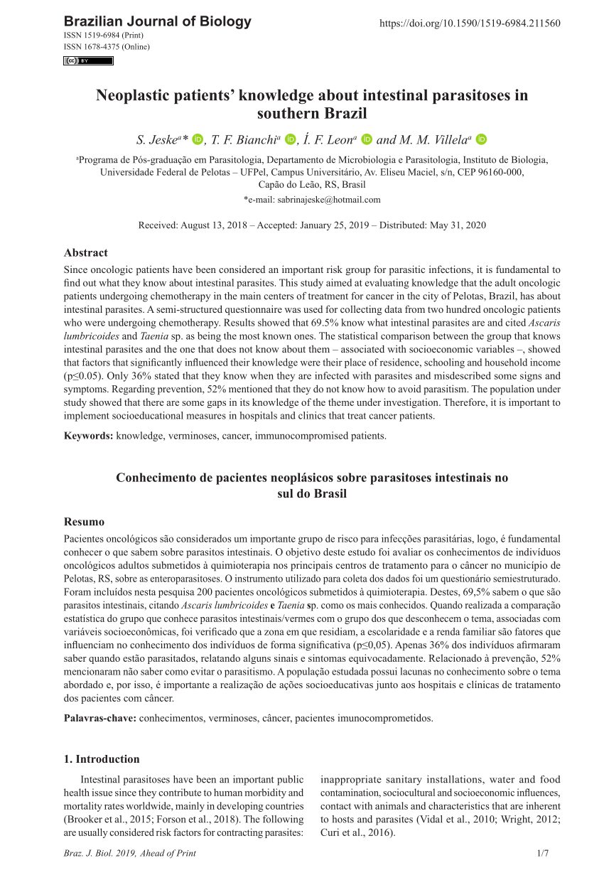 Pdf Neoplastic Patients Knowledge About Intestinal Parasitoses In Southern Brazil