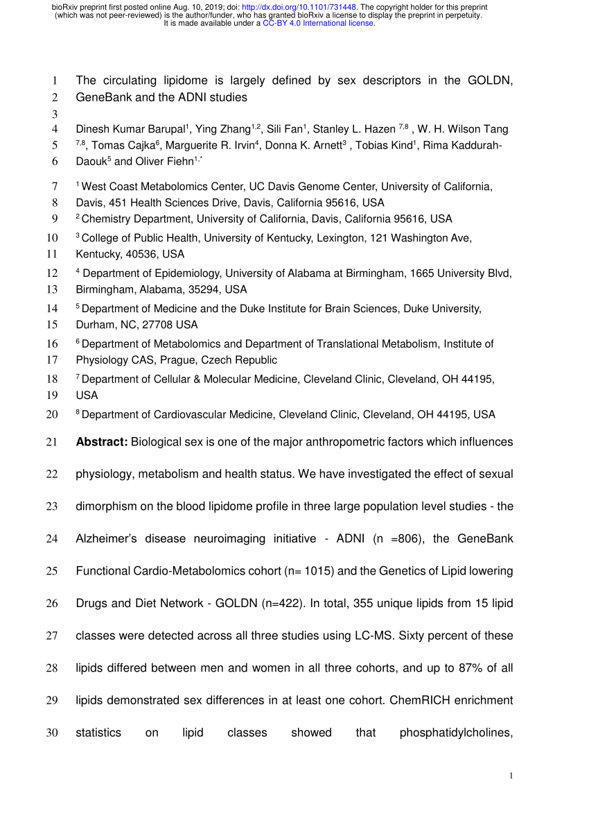 Pdf The Circulating Lipidome Is Largely Defined By Sex Descriptors In The Goldn Genebank And 