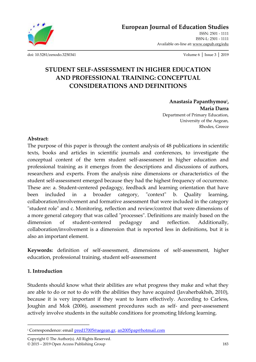 Pdf Student Self Assessment In Higher Education And Professional Training Conceptual Considerations And Definitions