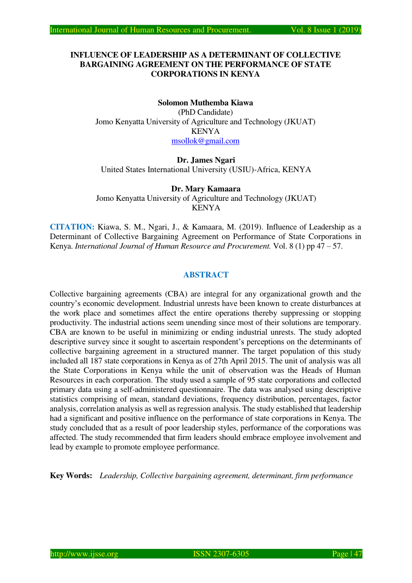 Pdf Influence Of Leadership As A Determinant Of Collective Bargaining Agreement On Performance Of State Corporations In Kenya