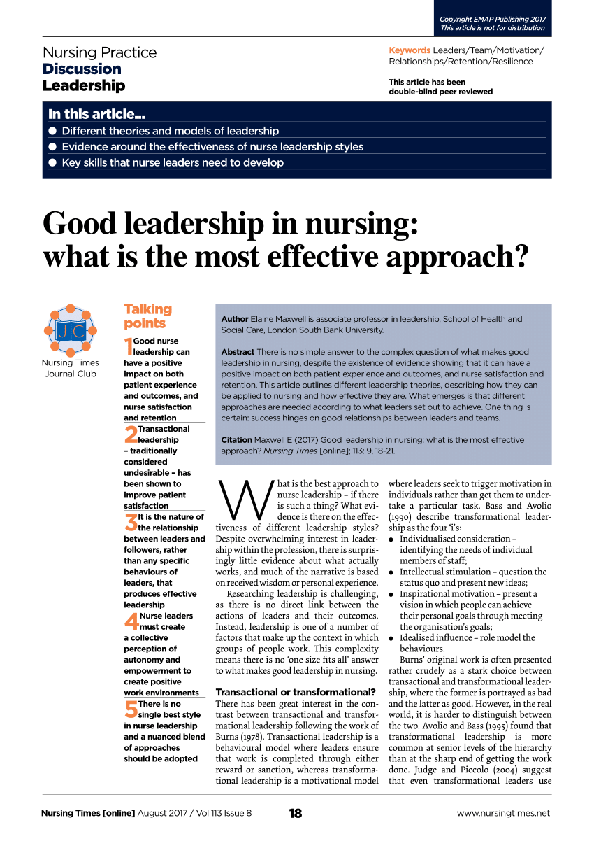 research articles on nursing leadership