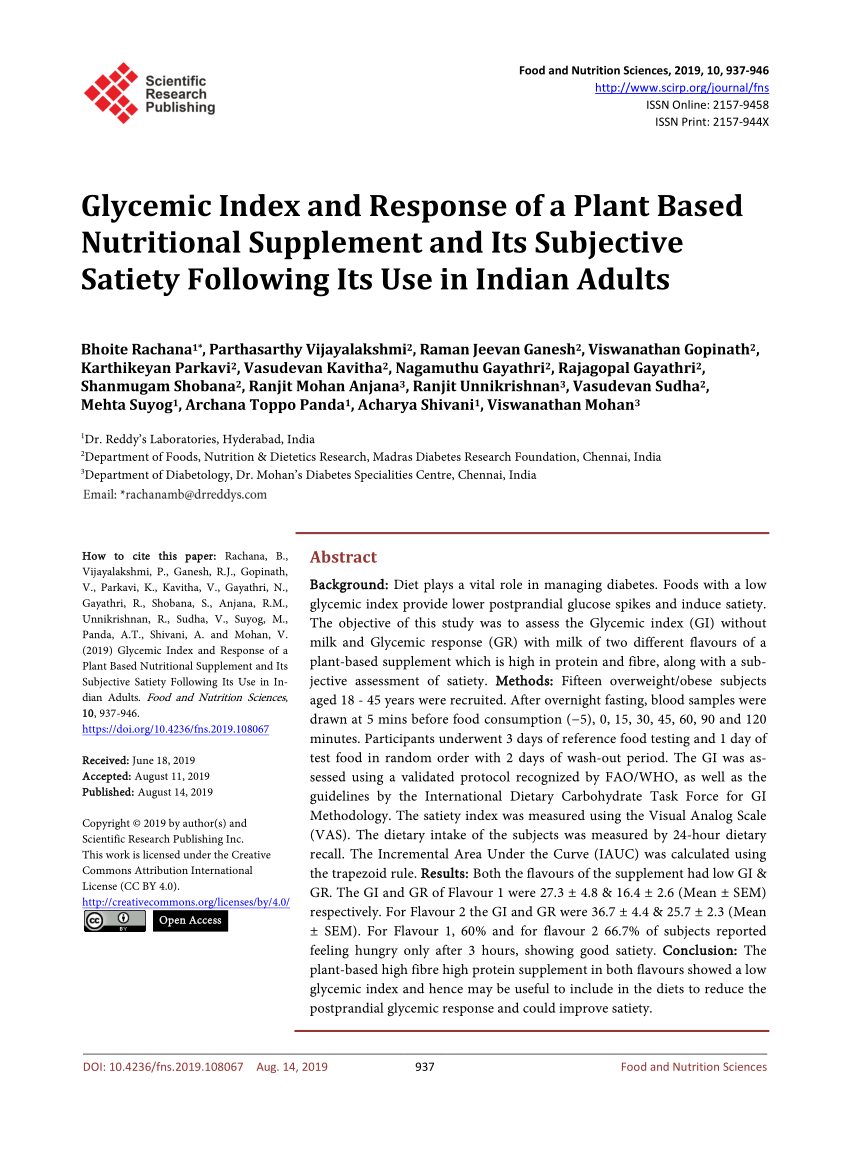 PDF) Glycemic Index and Response of a Plant Based ...