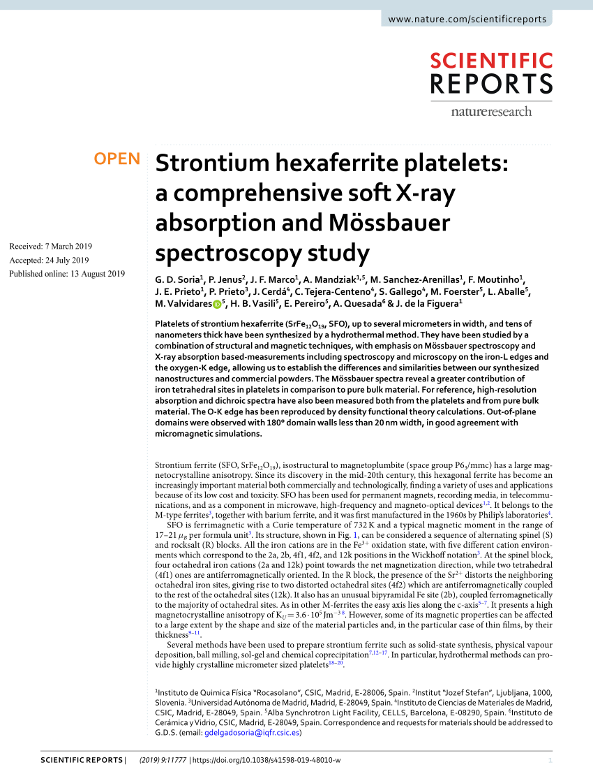 Pdf Strontium Hexaferrite Platelets A Comprehensive Soft X Ray Absorption And Mossbauer Spectroscopy Study