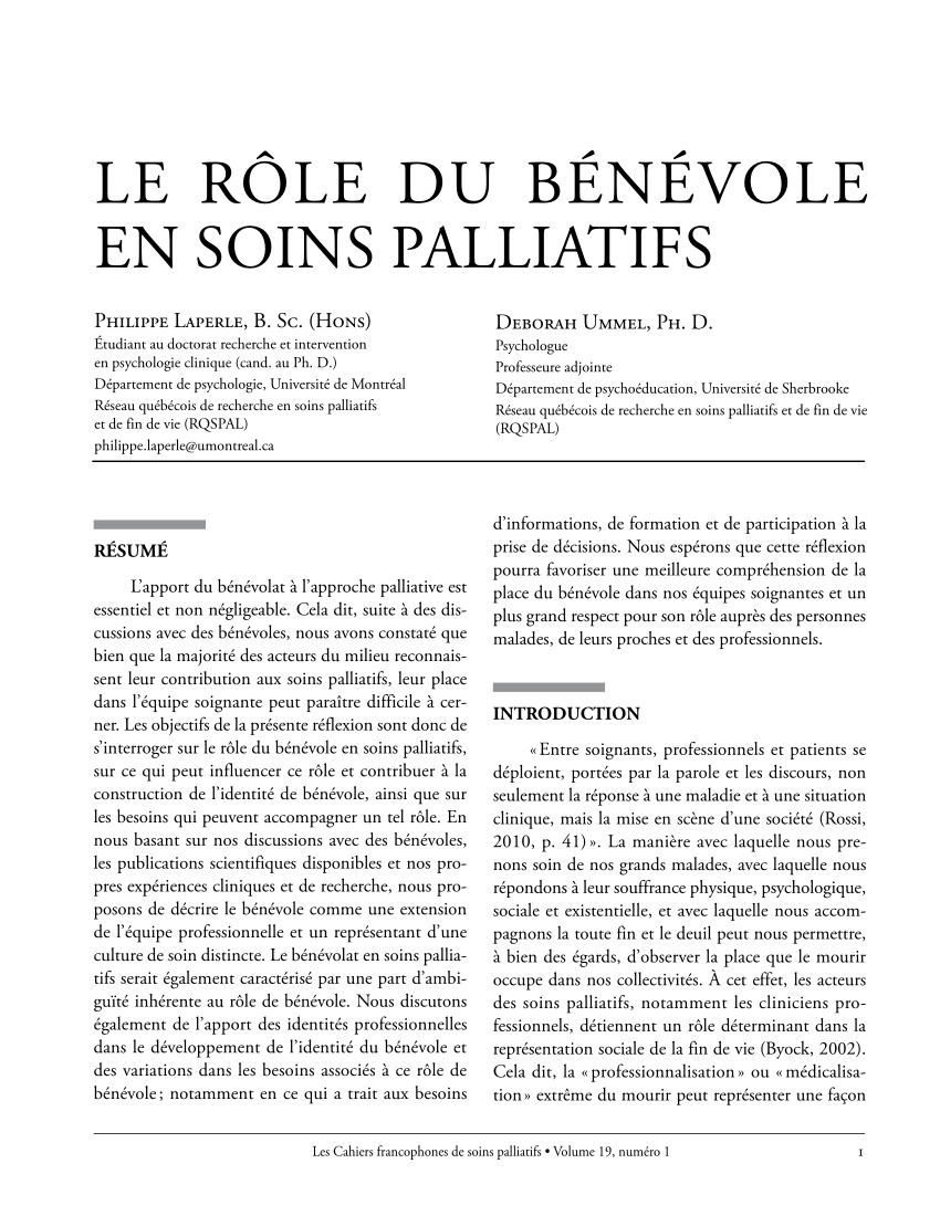 Pdf Le Role Du Benevole En Soins Palliatifs