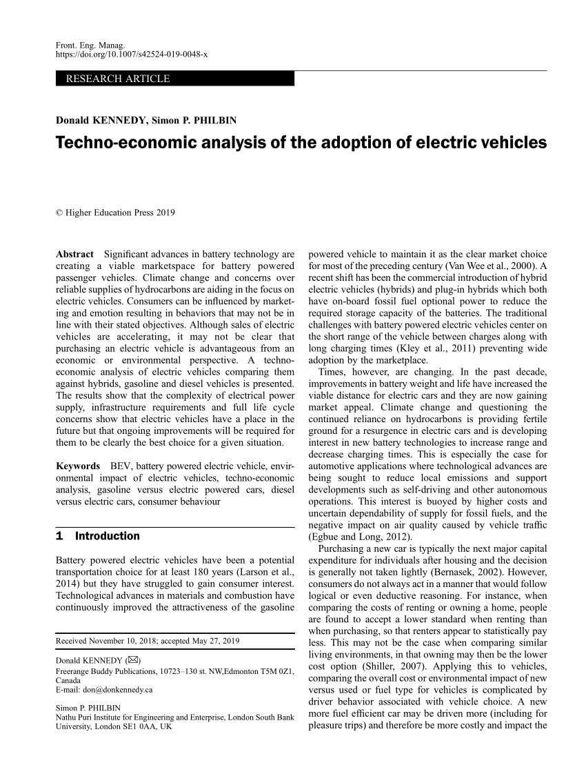 (PDF) Technoeconomic analysis of the adoption of electric vehicles