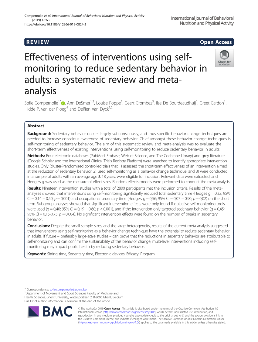 Pdf Effectiveness Of Interventions Using Self Monitoring To Reduce Sedentary Behavior In Adults A Systematic Review And Meta Analysis