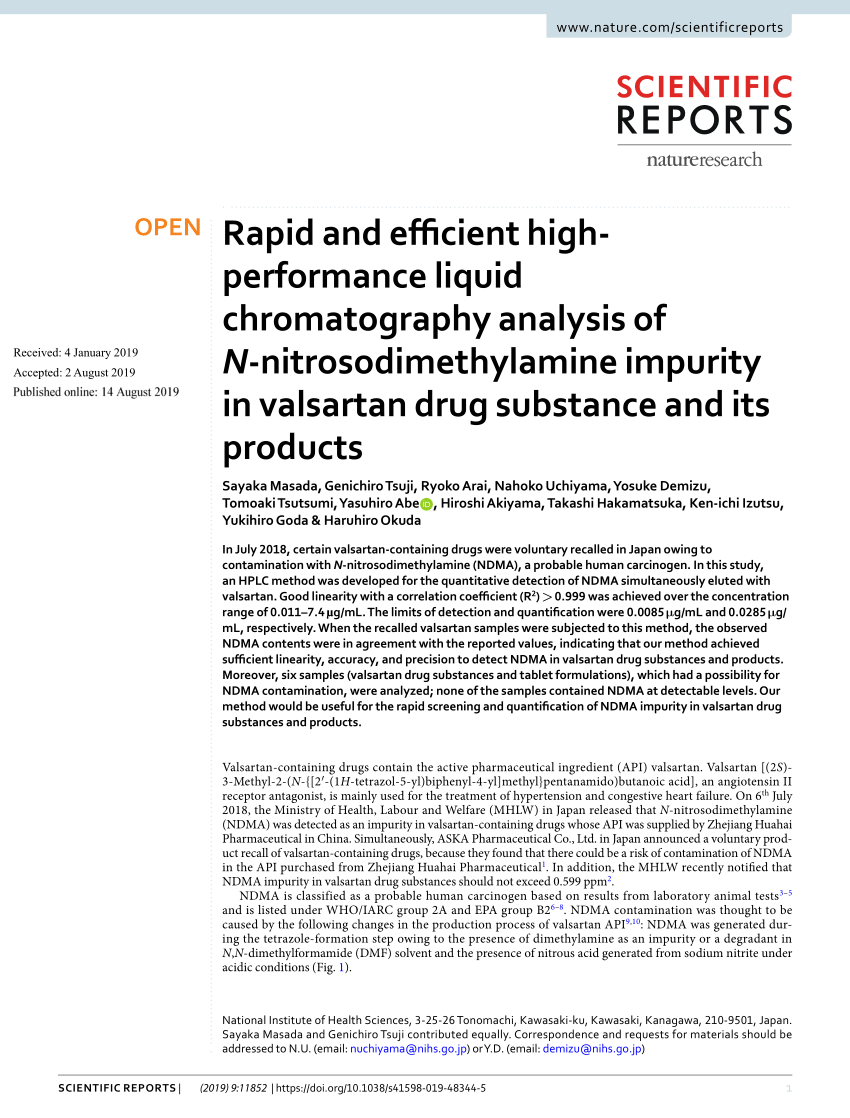 Pdf Rapid And Efficient High Performance Liquid Chromatography Analysis Of N Nitrosodimethylamine Impurity In Valsartan Drug Substance And Its Products