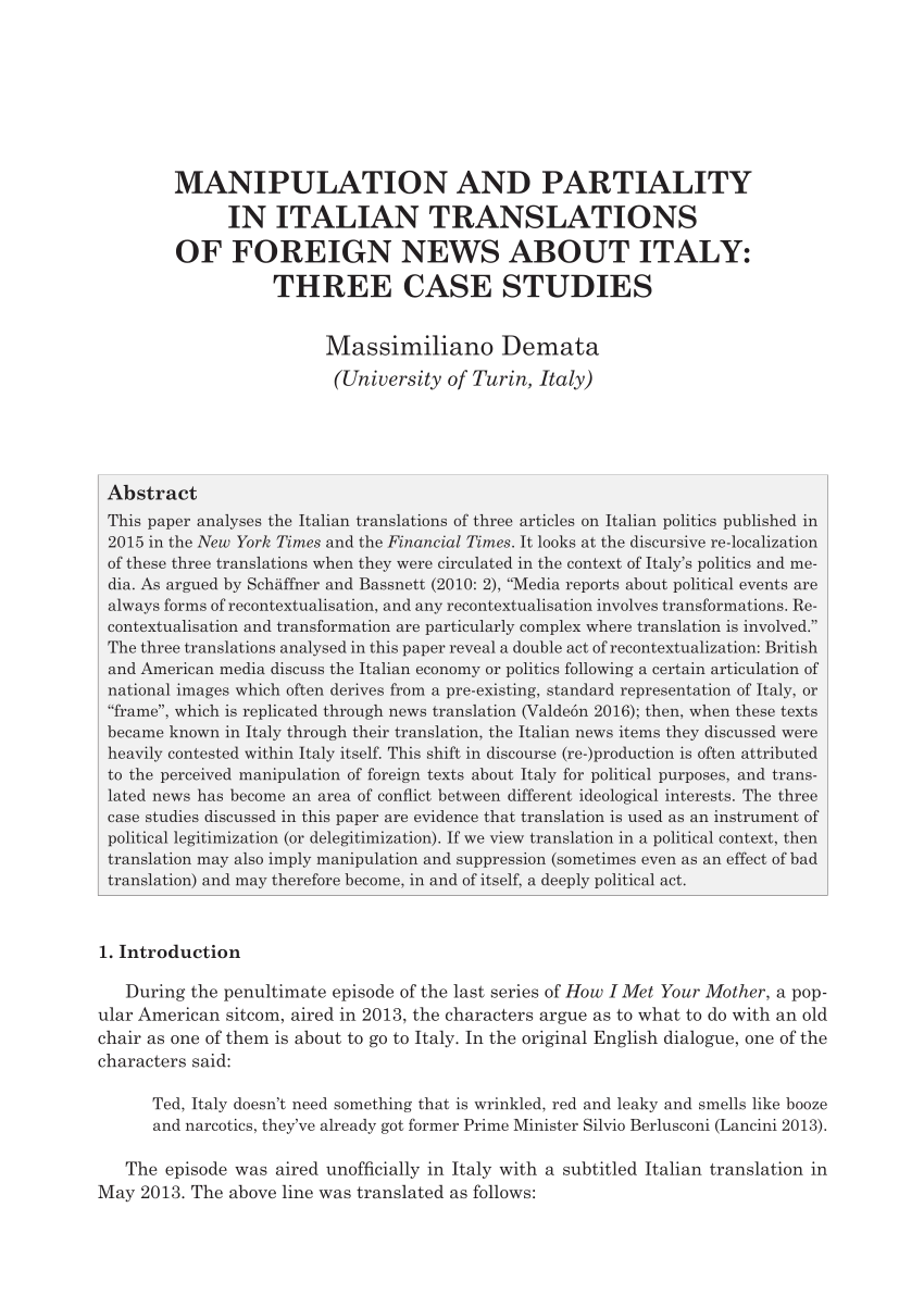 PDF) Manipulation and partiality in Italian translations of foreign news  about Italy: three case studies