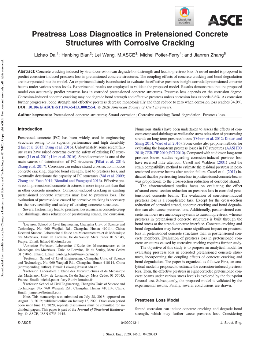 Pdf Prestress Loss Diagnostics In Pre Tensioned Concrete Structures With Corrosive Cracking