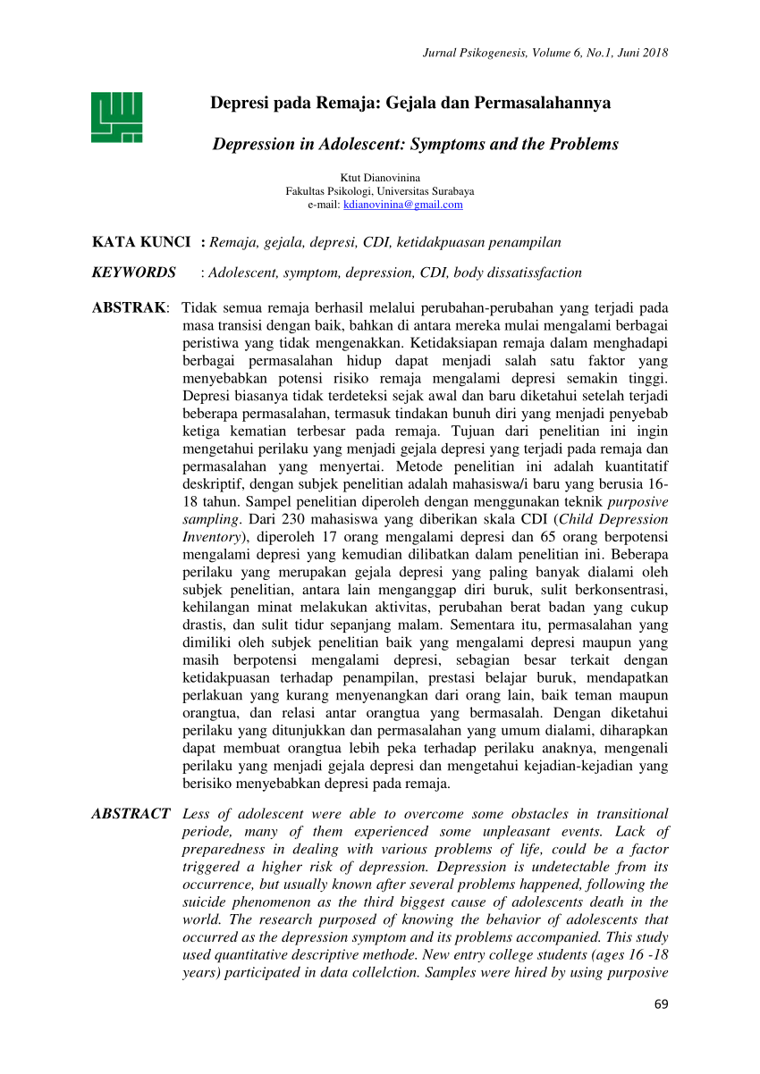 Pdf Depresi Pada Remaja Gejala Dan Permasalahannya