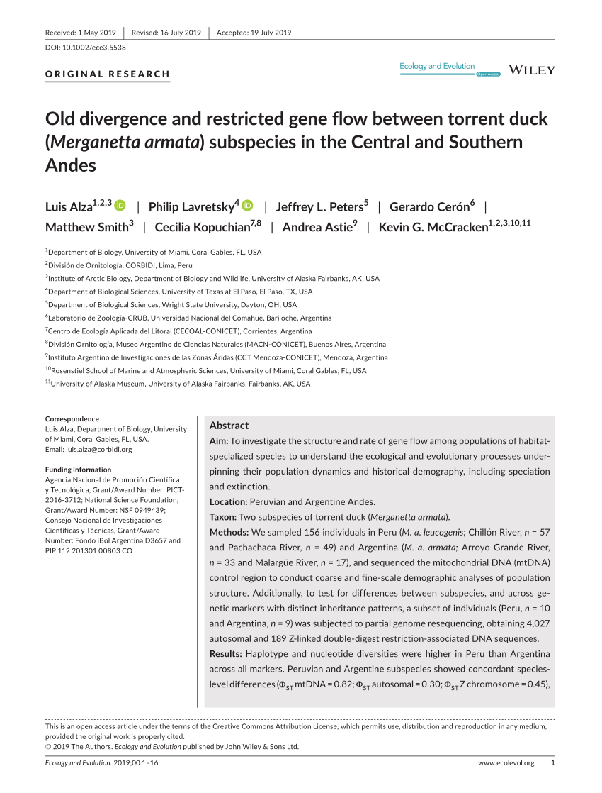 Pdf Old Divergence And Restricted Gene Flow Between Torrent Duck Merganetta Armata Subspecies In The Central And Southern Andes
