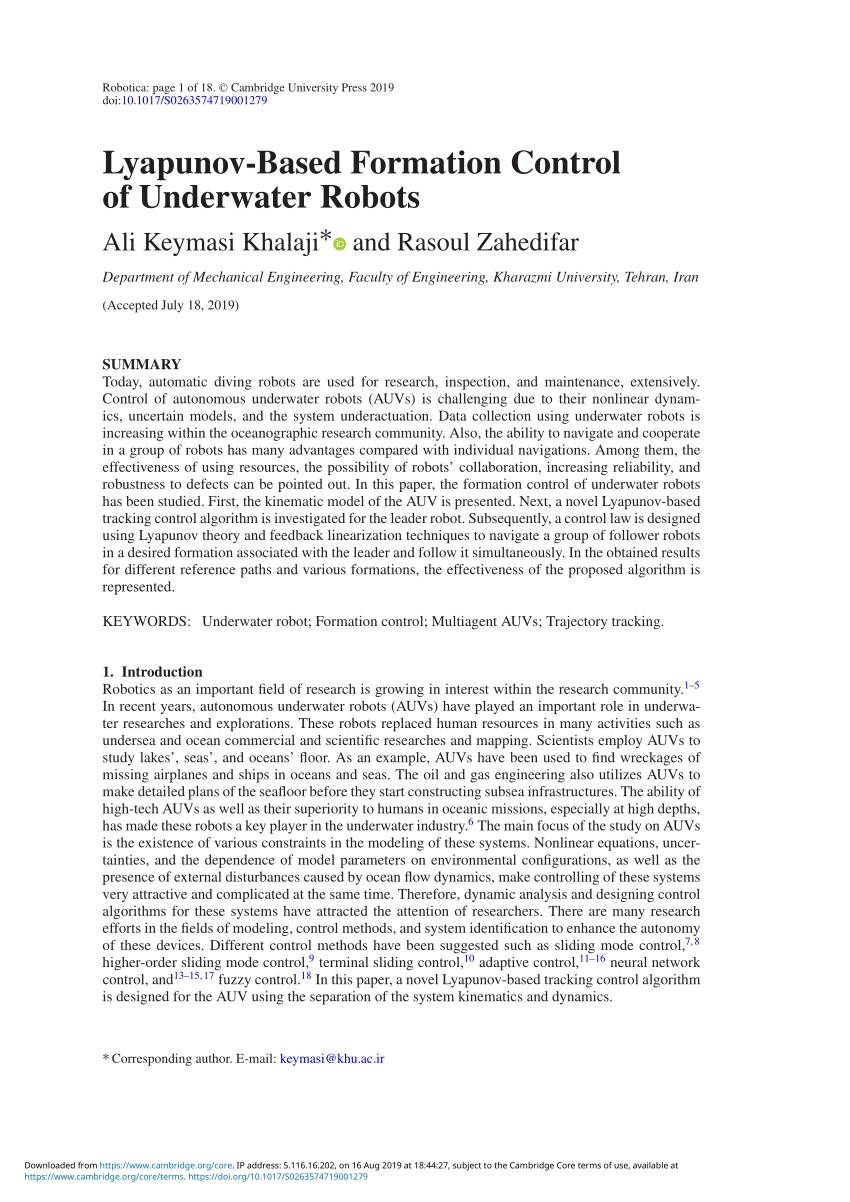 PDF) Lyapunov-Based Formation Control of Underwater Robots