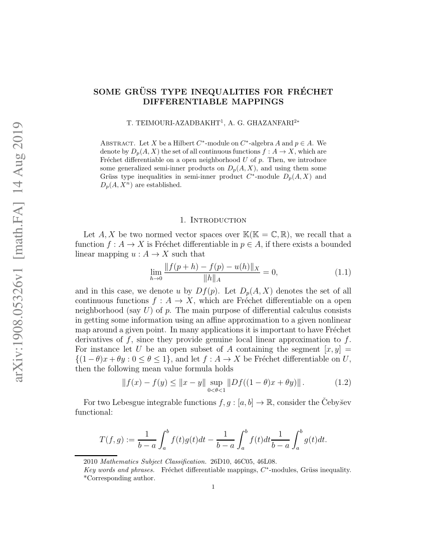 Pdf Some Gruss Type Inequalities For Frechet Differentiable Mappings