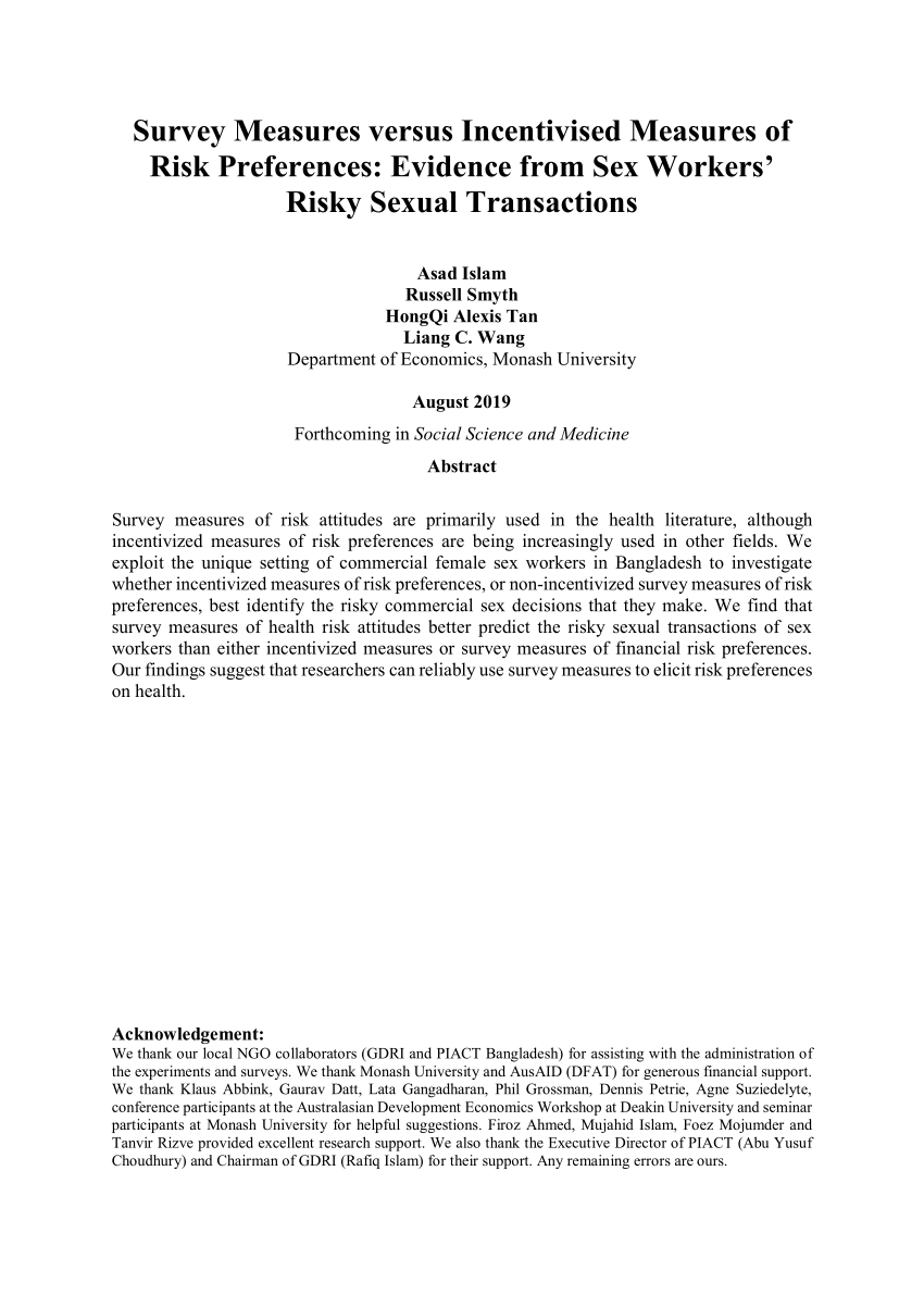 Pdf Survey Measures Versus Incentivised Measures Of Risk Preferences Evidence From Sex 4071