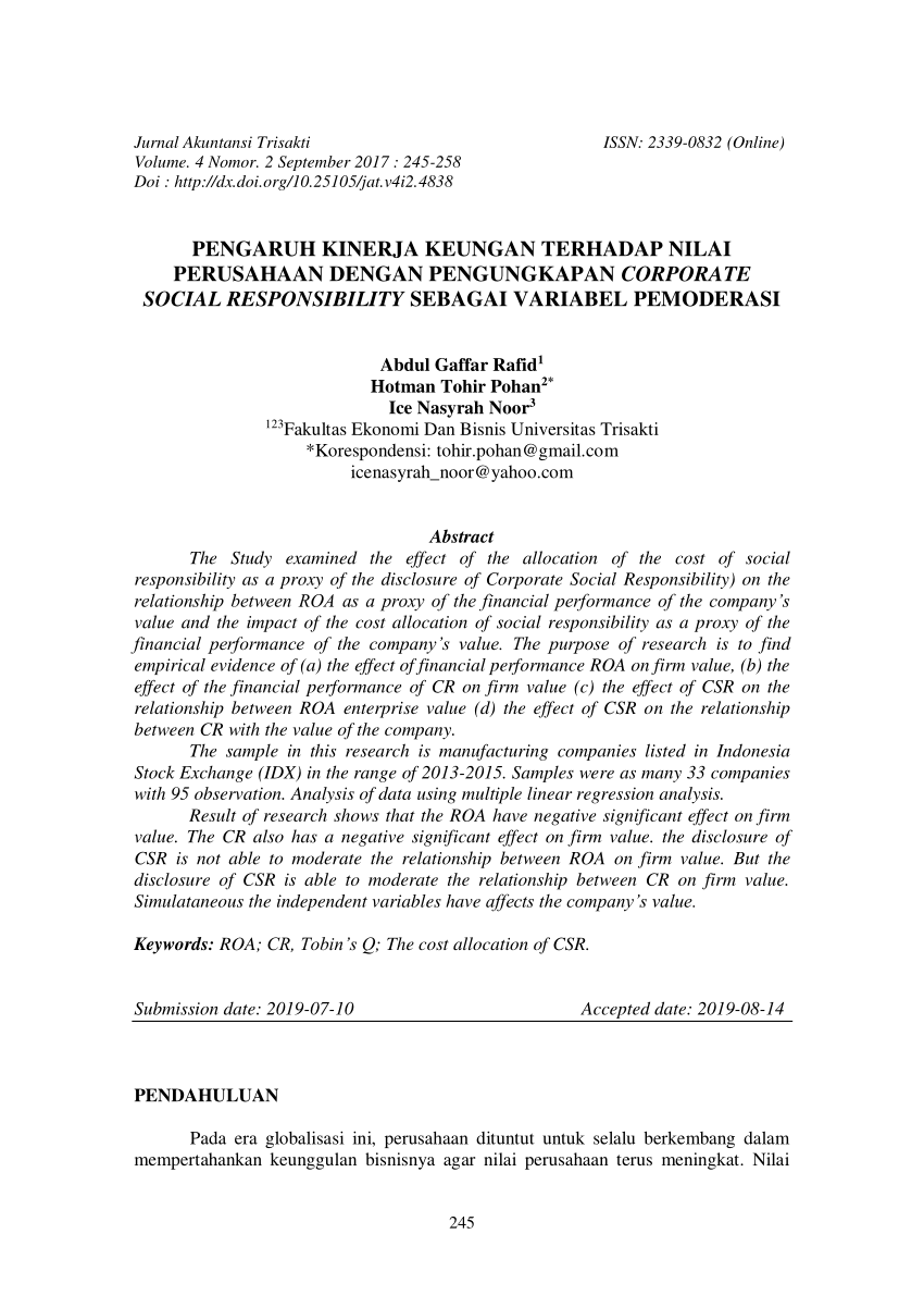 Pdf Pengaruh Kinerja Keungan Terhadap Nilai Perusahaan Dengan Pengungkapan Corporate Social 0402