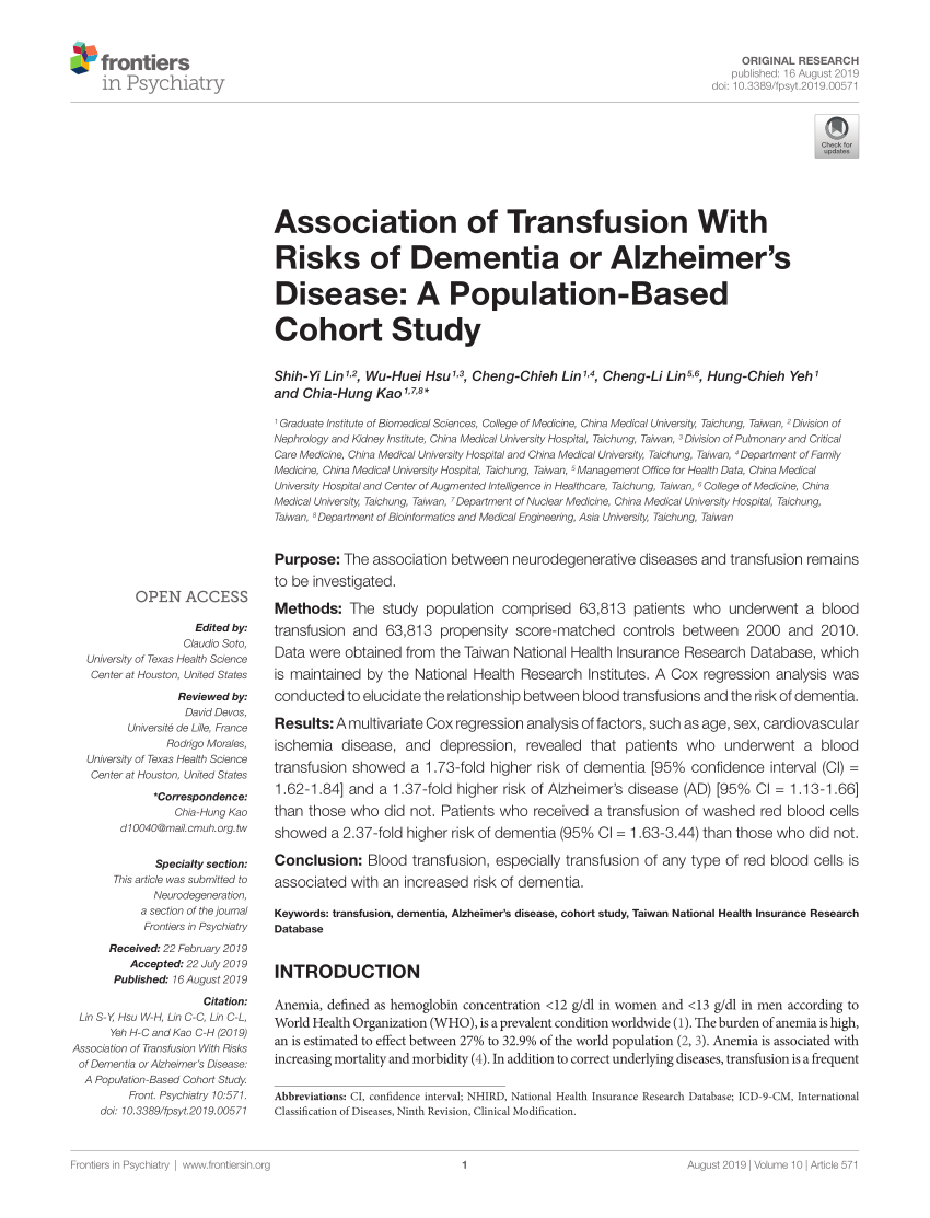 PDF) Association of Transfusion With Risks of Dementia or 