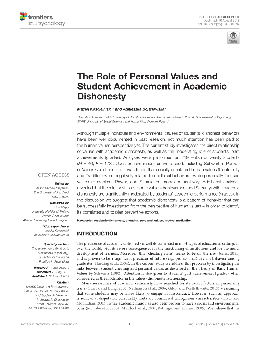 PDF) The Role of Personal Values and Student Achievement in