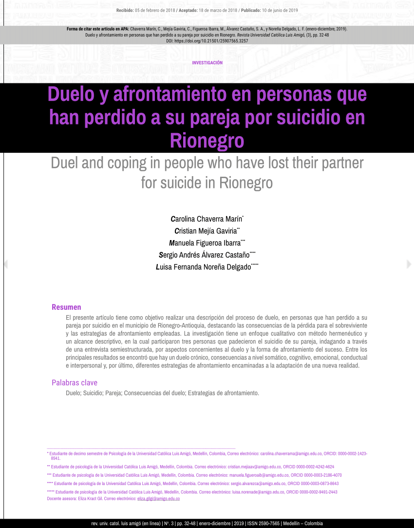 PDF) Duelo y afrontamiento en personas que han perdido a su pareja por  suicidio en Rionegro