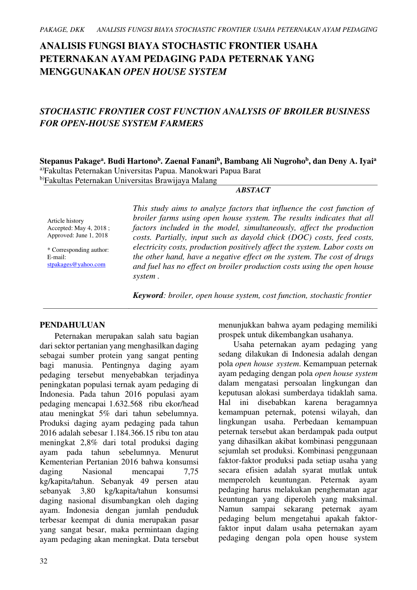 Pdf Analisis Fungsi Biaya Stochastic Frontier Usaha Peternakan