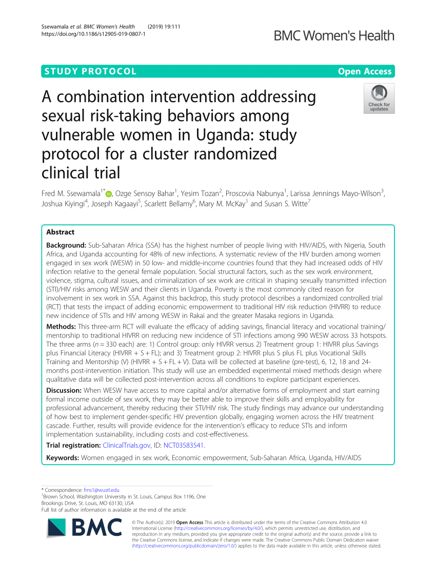 PDF) A combination intervention addressing sexual risk-taking behaviors among vulnerable women in Uganda study protocol for a cluster randomized clinical trial