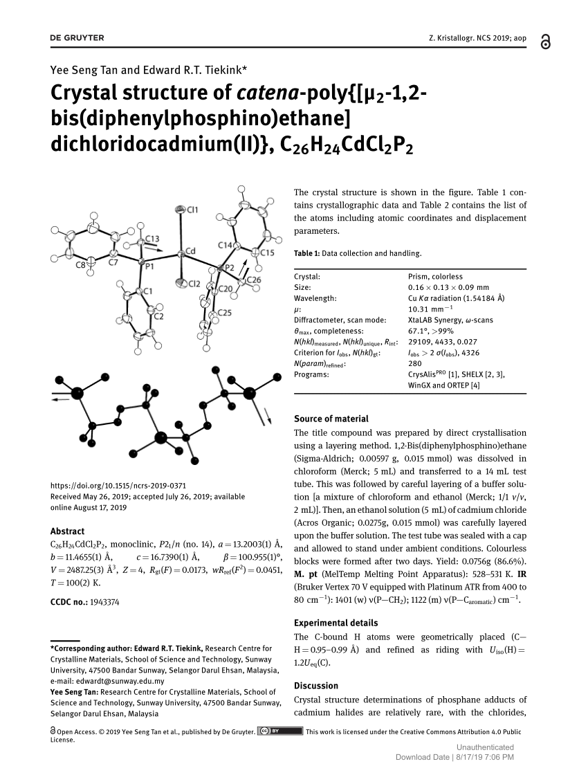 Pdf Crystal Structure Of Catena Poly M2 1 2 Bis Diphenylphosphino Ethane Dichloridocadmium Ii C26h24cdcl2p2