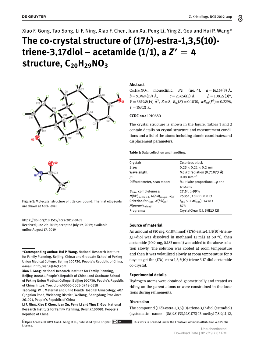 Pdf The Co Crystal Structure Of 17b Estra 1 3 5 10 Triene 3 17diol Acetamide 1 1 A Z 4 Structure Ch29no3