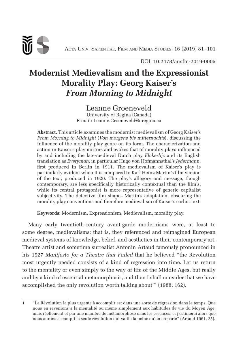 PDF) Modernist Medievalism and the Expressionist Morality Play: Georg  Kaiser's From Morning to Midnight