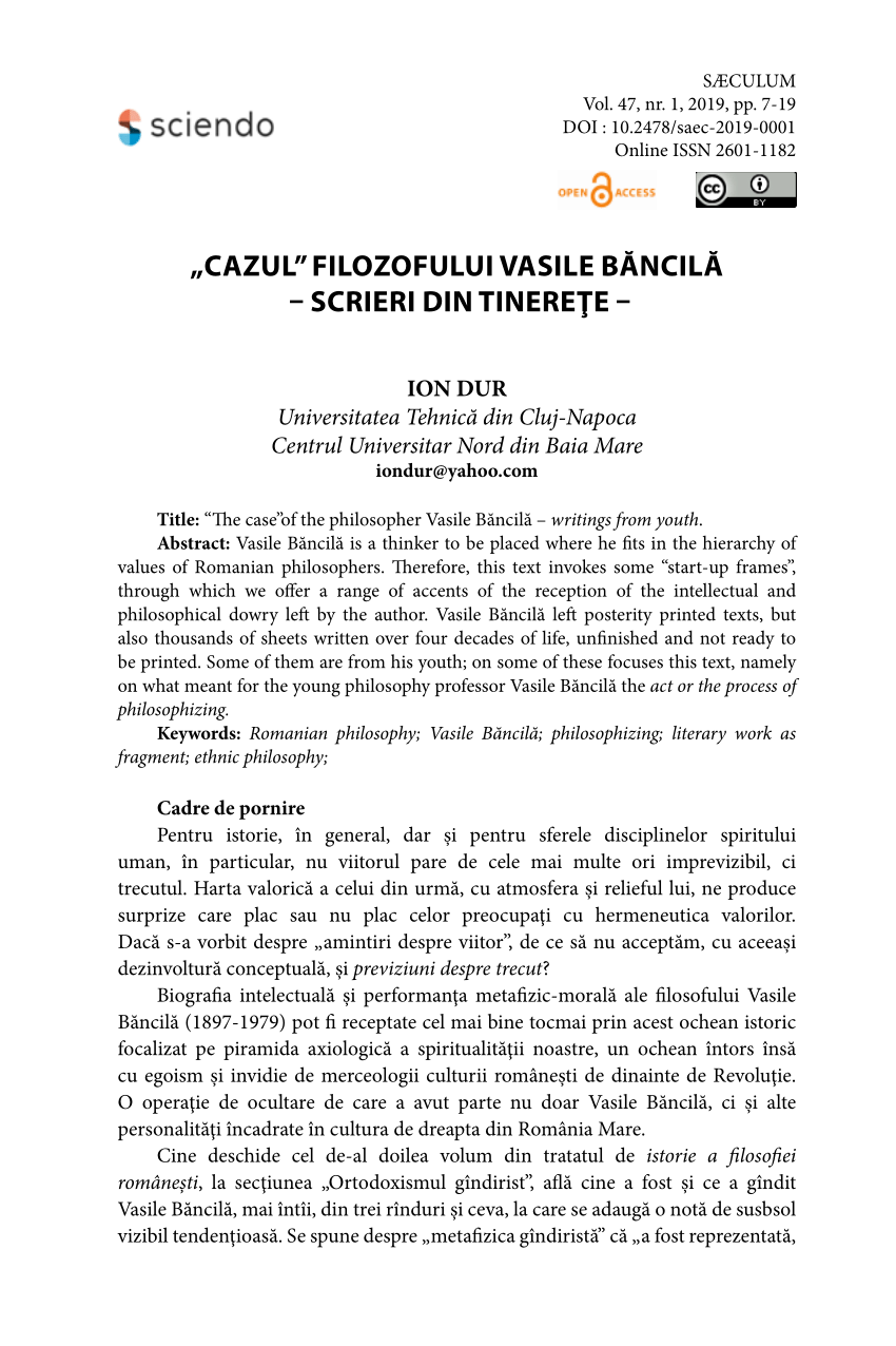 Pdf The Case Of The Philosopher Vasile Băncilă Writings From