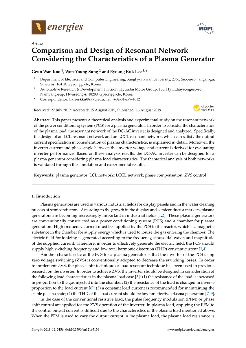 Pdf Comparison And Design Of Resonant Network Considering The Characteristics Of A Plasma Generator