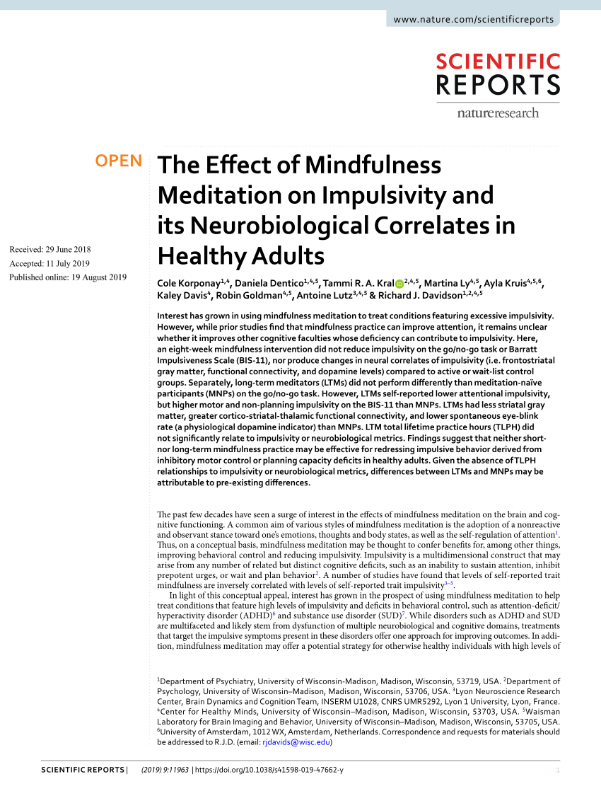 PDF) The Effect of Mindfulness Meditation on Impulsivity and its  Neurobiological Correlates in Healthy Adults