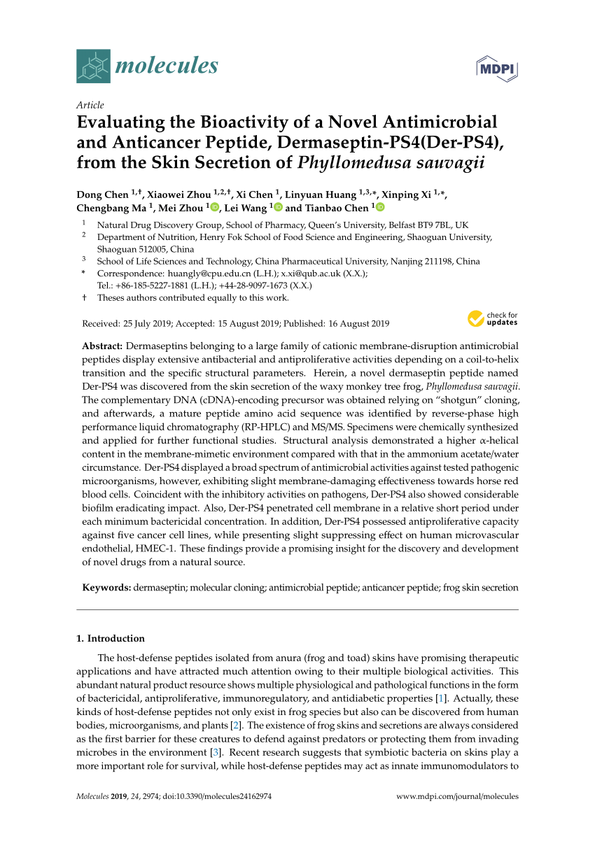 Pdf Evaluating The Bioactivity Of A Novel Antimicrobial And Anticancer Peptide Dermaseptin Ps4 Der Ps4 From The Skin Secretion Of Phyllomedusa Sauvagii