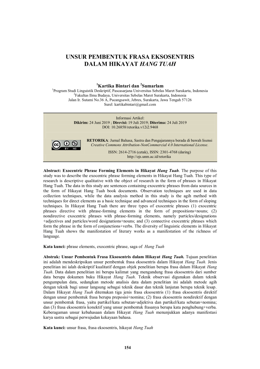 Pdf Unsur Pembentuk Frasa Eksosentris Dalam Hikayat Hang Tuah
