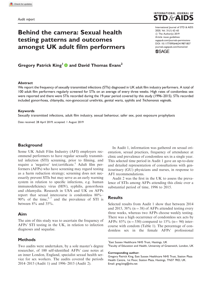 PDF) Behind the camera Sexual health testing patterns and outcomes amongst UK adult film performers