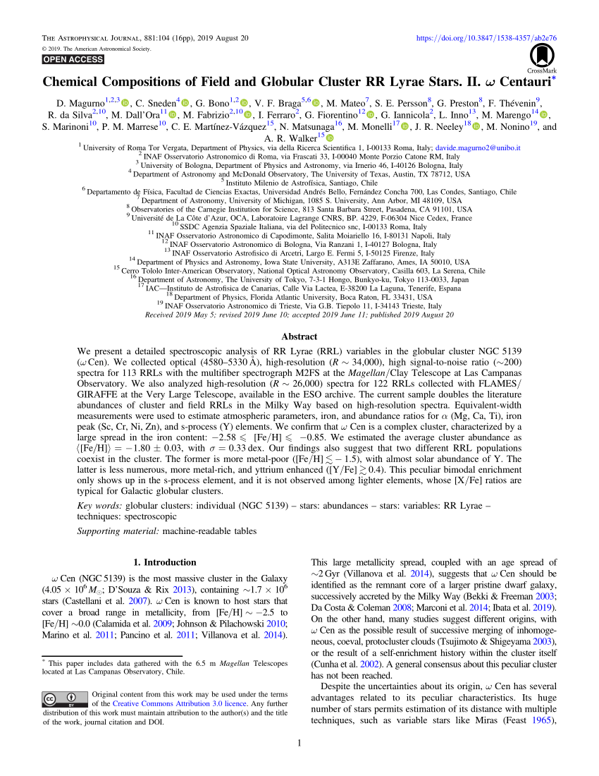 Pdf Chemical Compositions Of Field And Globular Cluster Rr Lyrae Stars Ii W Centauri