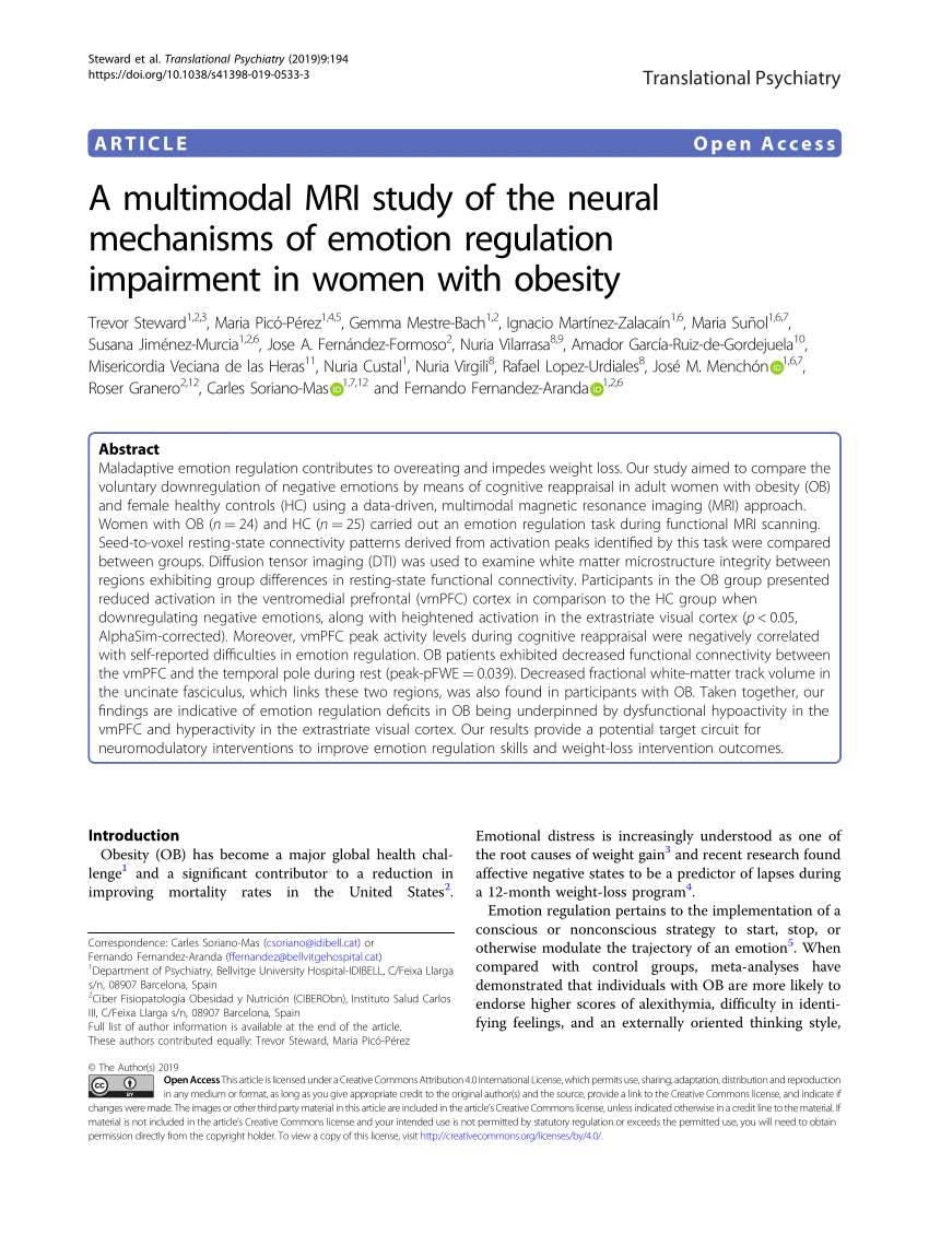 Pdf A Multimodal Mri Study Of The Neural Mechanisms Of Emotion Regulation Impairment In Women With Obesity