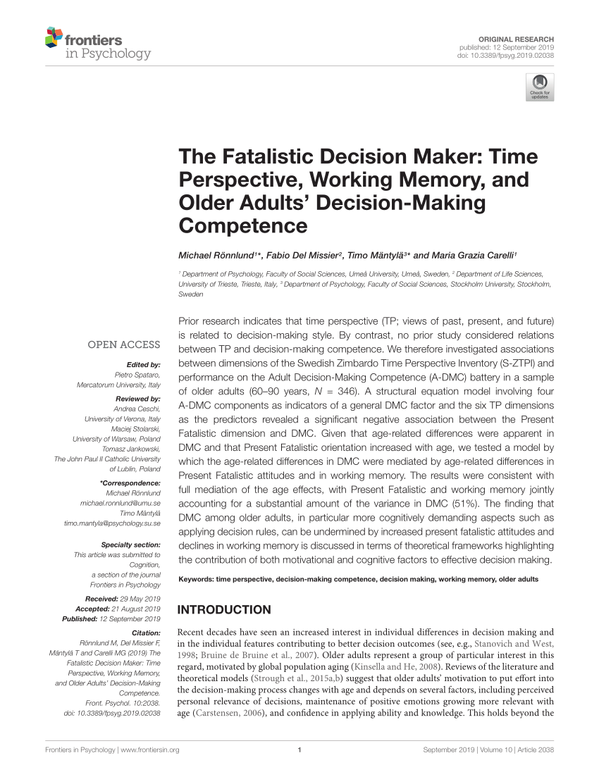 Pdf The Fatalistic Decision Maker Time Perspective Working Memory And Older Adults Decision Making Competence