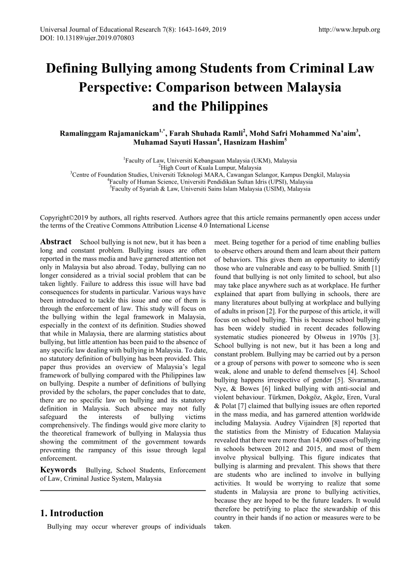 Pdf Defining Bullying Among Students From Criminal Law Perspective Comparison Between Malaysia And The Philippines
