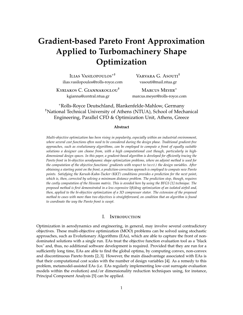 Pdf Gradient Based Pareto Front Approximation Applied To Turbomachinery Shape Optimization