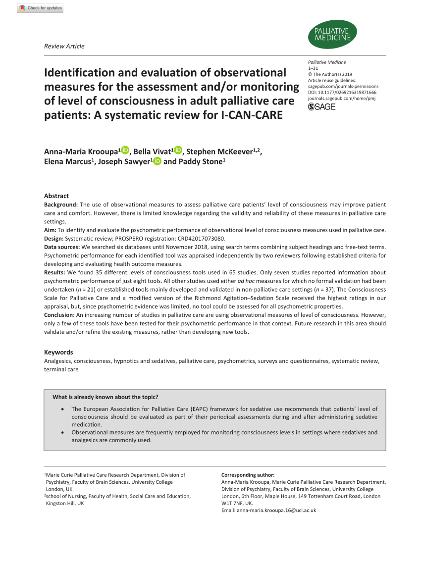 Pdf Identification And Evaluation Of Observational Measures For The Assessment And Or Monitoring Of Level Of Consciousness In Adult Palliative Care Patients A Systematic Review For I Can Care