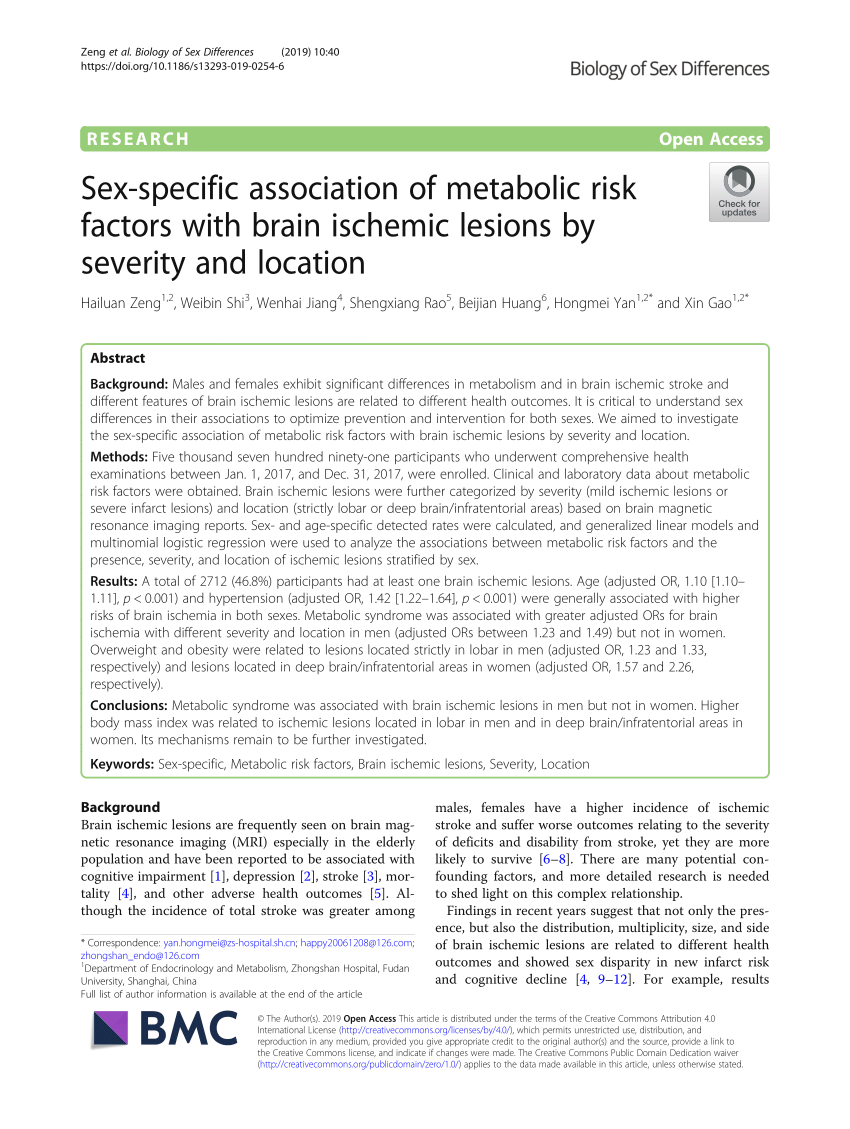 Pdf Sex Specific Association Of Metabolic Risk Factors With Brain Ischemic Lesions By Severity 5409