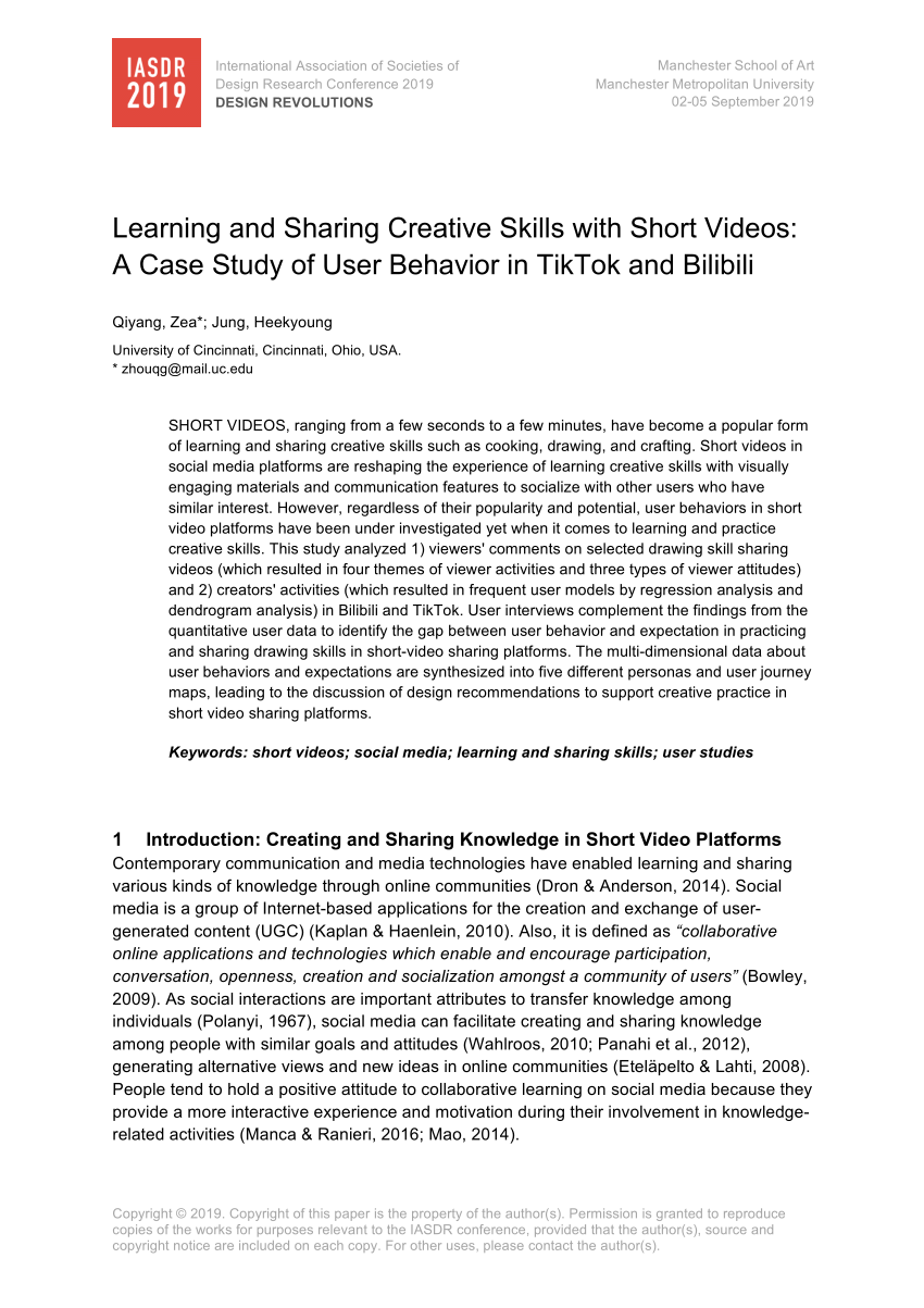 Pdf Learning And Sharing Creative Skills With Short Videos A Case Study Of User Behavior In Tiktok And Bilibili