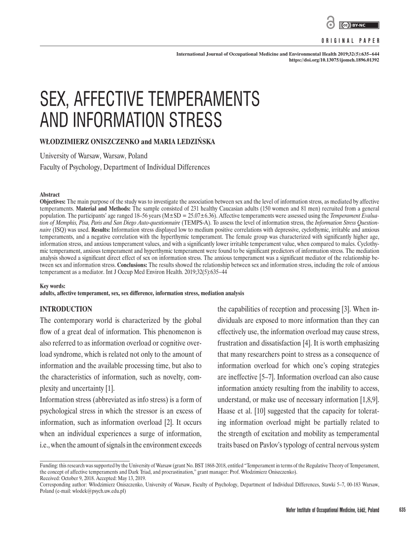 Pdf Sex Affective Temperaments And Information Stress