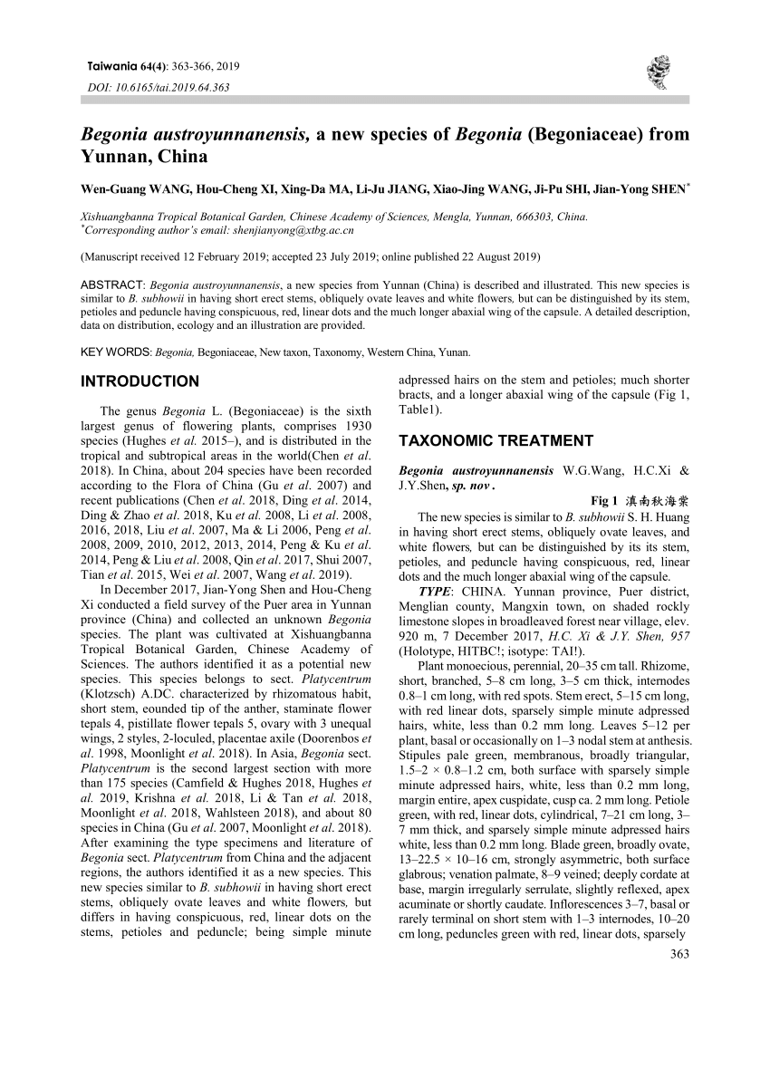 Pdf Begonia Austroyunnanensis A New Species Of Begonia - 