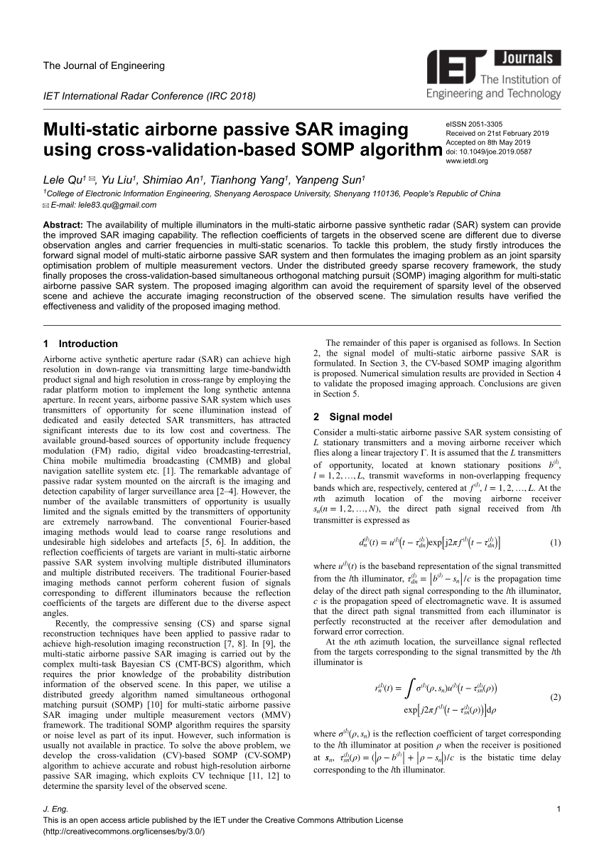 Pdf Multi Static Airborne Passive Sar Imaging Using Cross Validation Based Somp Algorithm