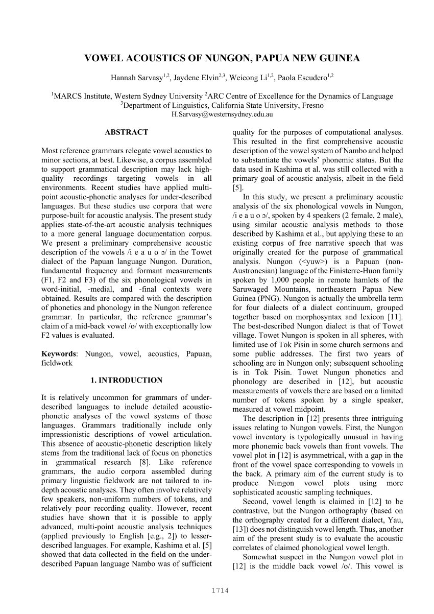 Pdf Vowel Acoustics Of Nungon Papua New Guinea