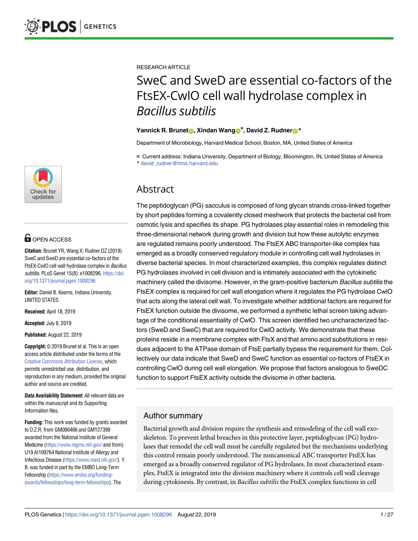 Pdf Swec And Swed Are Essential Co Factors Of The Ftsex Cwlo Cell Wall Hydrolase Complex In Bacillus Subtilis