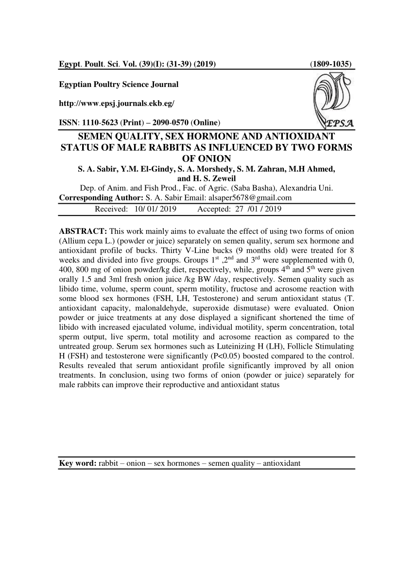 PDF) SEMEN QUALITY, SEX HORMONE AND ANTIOXIDANT STATUS OF MALE RABBITS AS  INFLUENCED BY TWO FORMS OF ONION