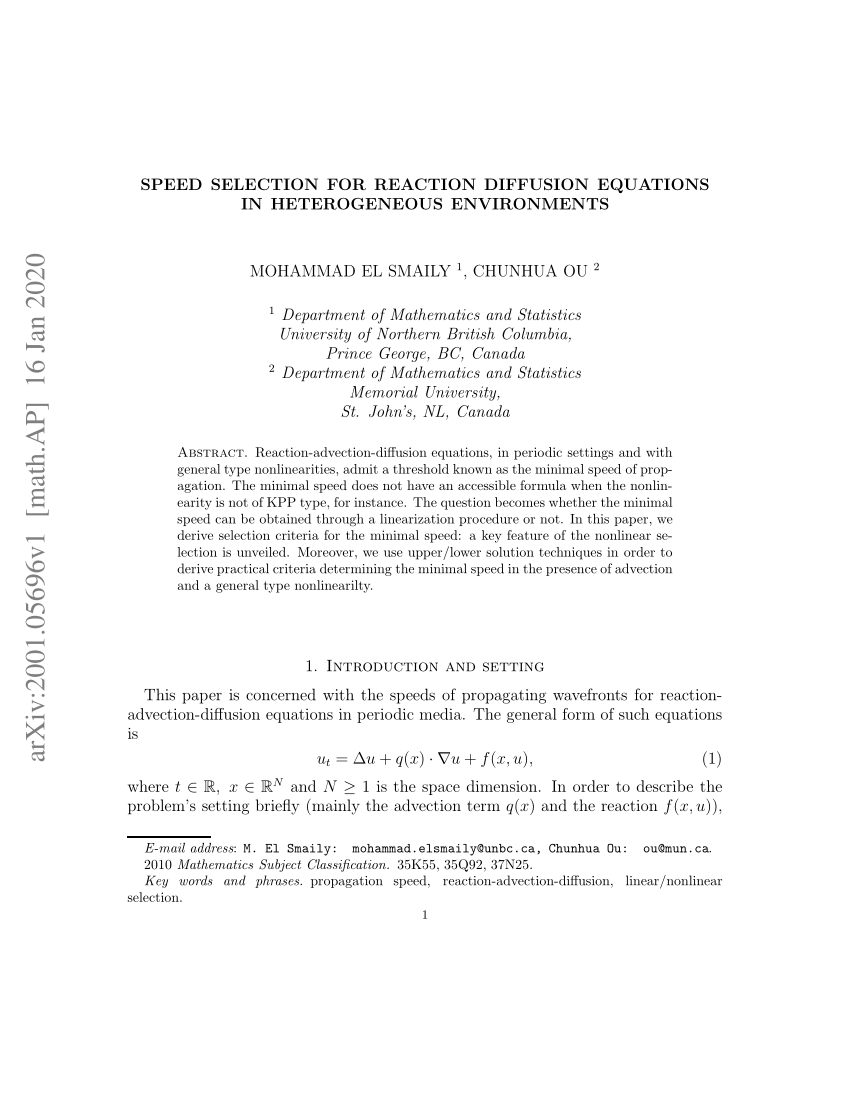 Pdf Speed Selection For Reaction Diffusion Equations In Heterogeneous Environments